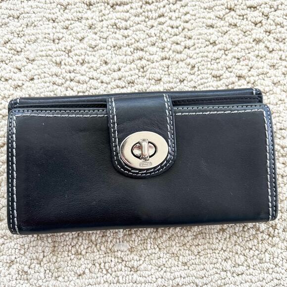 Coach Vintage 2000s y2k Hampton Turnlock Black Leather Wallet contrast stitch - Picture 1 of 9
